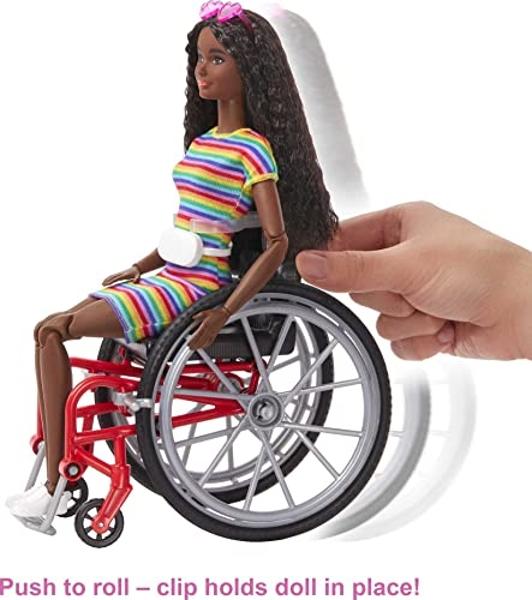Barbie Fashionistas Doll #166 with Wheelchair and Ramp, Crimped Brunette Hair and Rainbow-Striped Dress with Accessories (Amazon Exclusive)