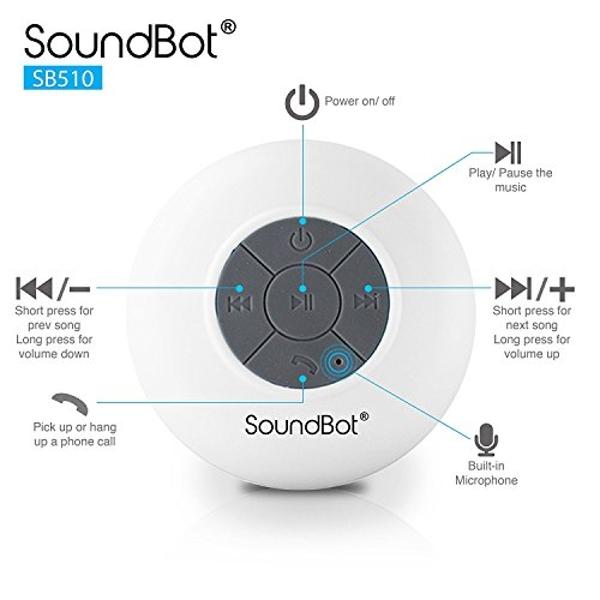 SoundBot® SB510 HD Water Resistant Bluetooth 4.0 Shower Speaker, Handsfree Portable Speakerphone with Built-in Mic, 6hrs of Playtime, Control Buttons and Dedicated Suction Cup for 