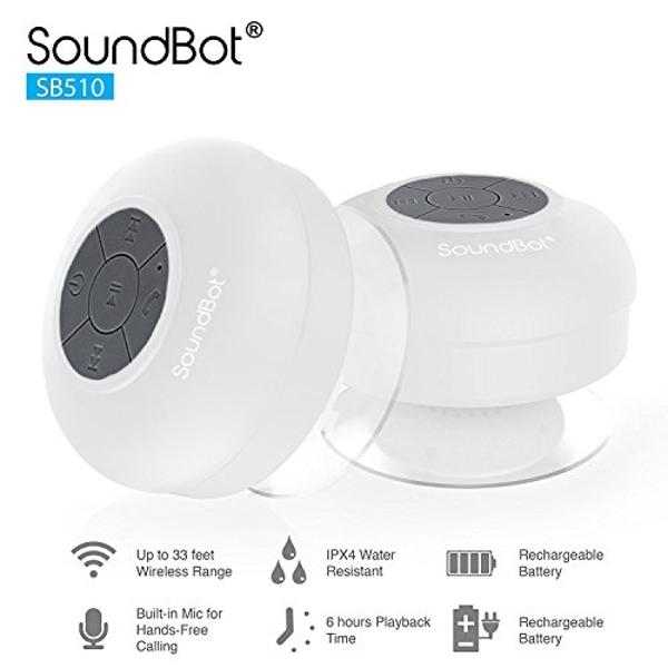 SoundBot® SB510 HD Water Resistant Bluetooth 4.0 Shower Speaker, Handsfree Portable Speakerphone with Built-in Mic, 6hrs of Playtime, Control Buttons and Dedicated Suction Cup for 