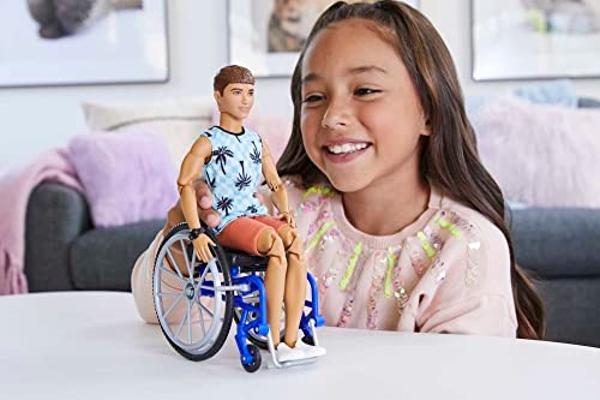 Barbie Ken Fashionistas Doll #195 with Wheelchair & Ramp Wearing Removable Beach Shirt, Orange Shorts & Accessories