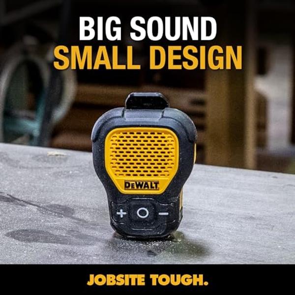 DEWALT Wearable Bluetooth Speaker (Updated Version), Clip-On Wireless Jobsite Pro Water-Resistant Portable Speaker (Non-Magnetic), Built-in Mic for Hands-Free Music/Calls, Bluetoot
