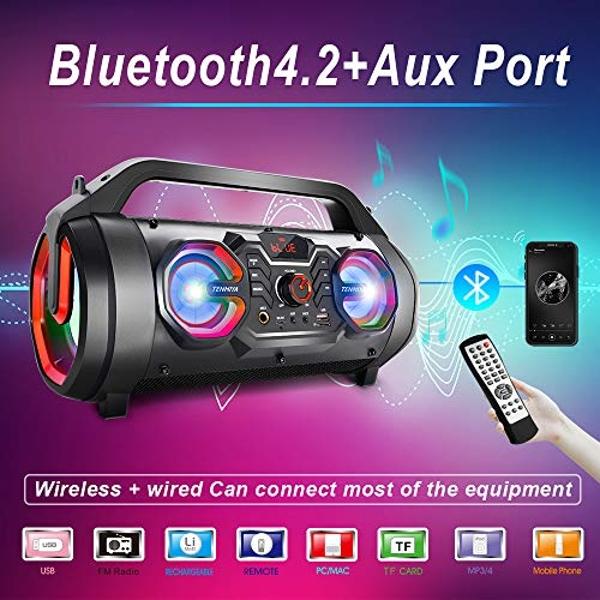 Portable Bluetooth Speaker with Subwoofer, Wireless Speakers with Booming Bass, FM Radio, RGB Lights, EQ, Stereo Sound, 10H Playtime, 30W Loud Speaker for Home, Outdoor, Party, Tra