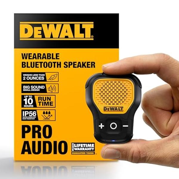 DEWALT Wearable Bluetooth Speaker (Updated Version), Clip-On Wireless Jobsite Pro Water-Resistant Portable Speaker (Non-Magnetic), Built-in Mic for Hands-Free Music/Calls, Bluetoot