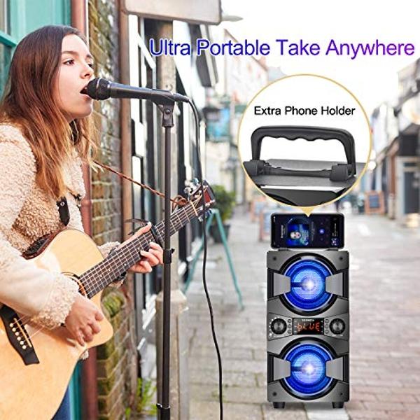 60W Bluetooth Speakers Portable Wireless Speaker with Double Subwoofer Heavy Bass, FM Radio, Microphone, Lights, Remote EQ, Loud Boom Box Stereo Sound System Speaker for Home Outdo