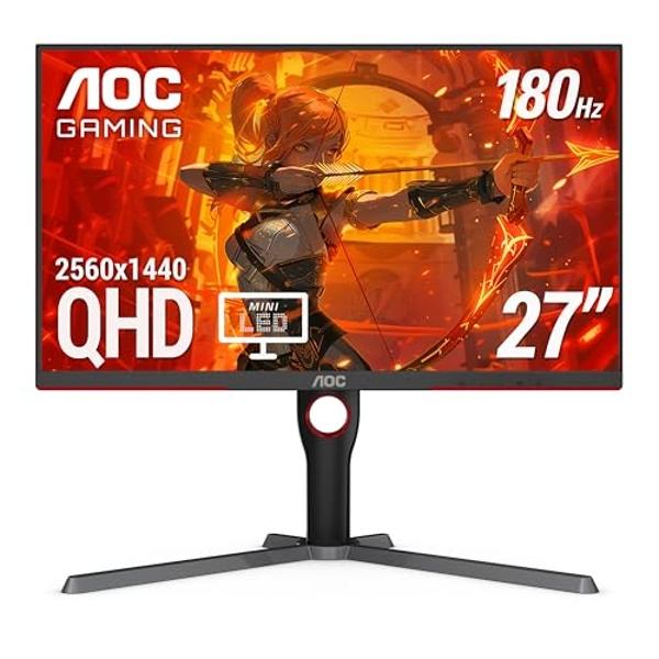 AOC Q27G3XMN 27" 2K QHD Gaming Monitor, 2560x1440, Mini LED, 180Hz, HDMI 2.0 x 1, DisplayPort 1.4 x1, Adaptive Sync, Xbox/PS5/Switch Ready, 3-Year Zero-Bright-dot
