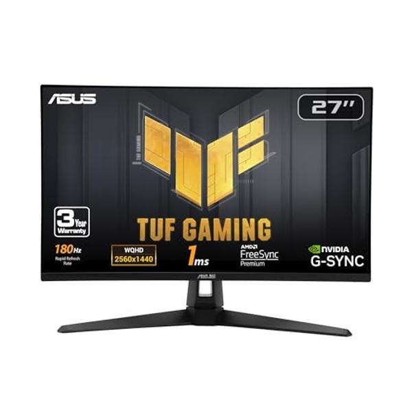 ASUS TUF Gaming 27” 1440P HDR Monitor (VG27AQ3A) – QHD (2560 x 1440), 180Hz, 1ms, Fast IPS, 130% sRGB, Extreme Low Motion Blur Sync, Speakers, Freesync Premium, G-SYNC Compatible, 