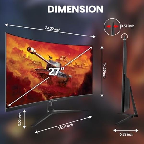 CRUA 27" Curved Gaming Monitor, FHD 1920x1080P, 144Hz/180Hz Computer Monitor, 1800R VA Screen, 120% sRGB, AMD FreeSync, HDMI & DP, Wall Mount Install- Black