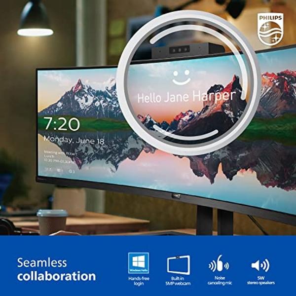 Philips 34E1C5600HE 34'' UltraWide QHD 21:9 Monitor with Built-in Windows Hello Webcam & Noise Canceling Mic, USB-C Docking, Stereo Speakers, 100Hz, 4-Year Advance Replacement