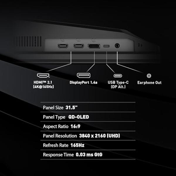 MSI MAG 321UP QD-OLED 32-inch QD-OLED 3840 x 2160 (UHD) Computer Monitor, 165Hz, Adaptive-Synch, HDMI, Display Port, VGA Port, VESA Mountable, Tilt, Height Adjustable, Speaker, 0.0