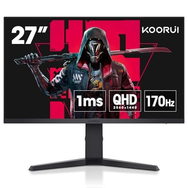 KOORUI Monitor, 27" QHD IPS Gaming Monitor, 170Hz, 1ms, HDR400, Compatibility G-Sync and FreeSync, Tilt Pivot Swivel Vertical Height Adjustable，2 HDMI 2.0 & 1 DisplayPor 1.4, 27E3Q
