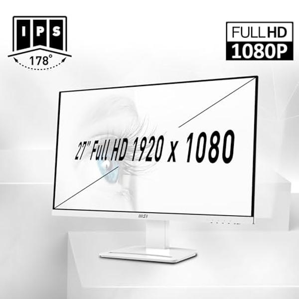 MSI Pro MP273AW, 27" Monitor, 1920 x 1080 (FHD), IPS, 100Hz, TUV Certified Eyesight Protection, 4ms, Displayport, HDMI, Tilt, White