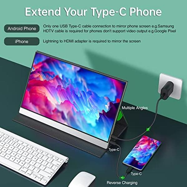 USB-C Portable Monitor - 15.6 Inch FHD HDR FreeSync Zero Frame USB-C Computer Display with Dual Type-C Mini HDMI for Laptop PC Phone Mac Surface Xbox PS5 Switch, with Cover VESA Mo