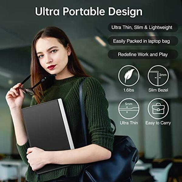 USB-C Portable Monitor - 15.6 Inch FHD HDR FreeSync Zero Frame USB-C Computer Display with Dual Type-C Mini HDMI for Laptop PC Phone Mac Surface Xbox PS5 Switch, with Cover VESA Mo