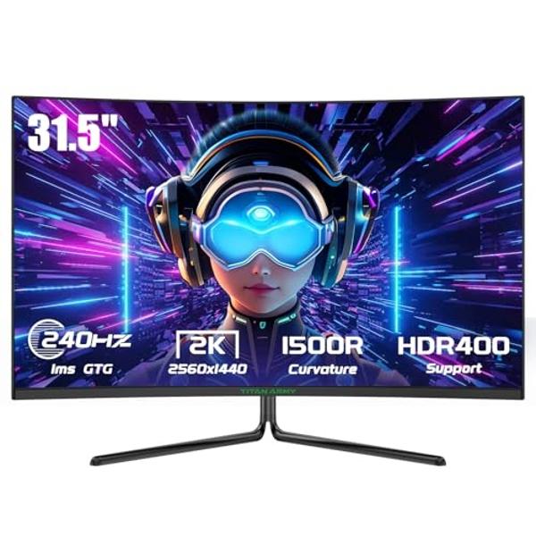 TITAN ARMY 32 Inch 240Hz 1440P Gaming Monitor Curved, 2K QHD 2560 x 1440 1ms, Adaptive Sync, 1500R Frameless VA, 124% sRGB, HDMI 2.1, DisplayPort 1.4, HDR400, Low Blue Light, VESA 