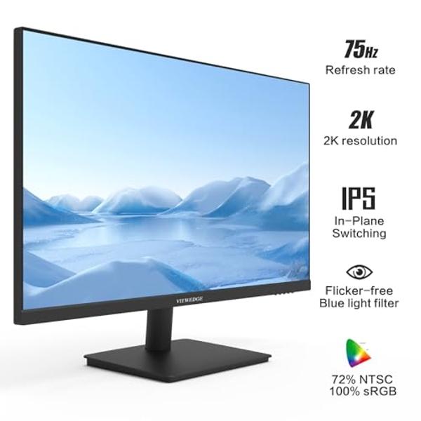 Viewedge 27 inch Monitor with 2K 2560 x 1440 IPS Panel 75hz | Computer Monitor 27 inch QHD with HDMI, DP and Wall Mountable | Eye Protection PC 1440p Monitor for Working and Gaming