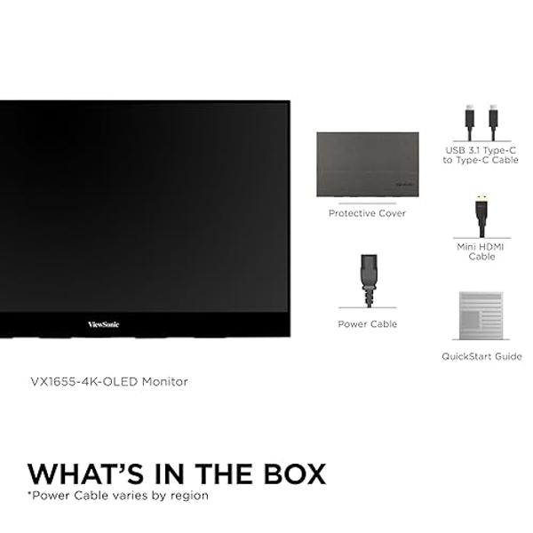 ViewSonic VX1655-4K-OLED 15.6 Inch 4K UHD Portable OLED Monitor with 2 Way Powered 60W USB C, Mini HDMI, Dual Speakers, and Built-in Stand with Magnetic Cover