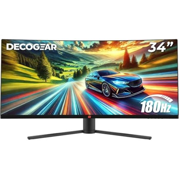 Deco Gear 34" 3440x1440 21:9 Ultrawide Curved Monitor, 180Hz, HDR10, 4000:1 Contrast Ratio, 99% sRGB, 16.7 Million Colors, Adaptive Sync, Blue Light Reduction