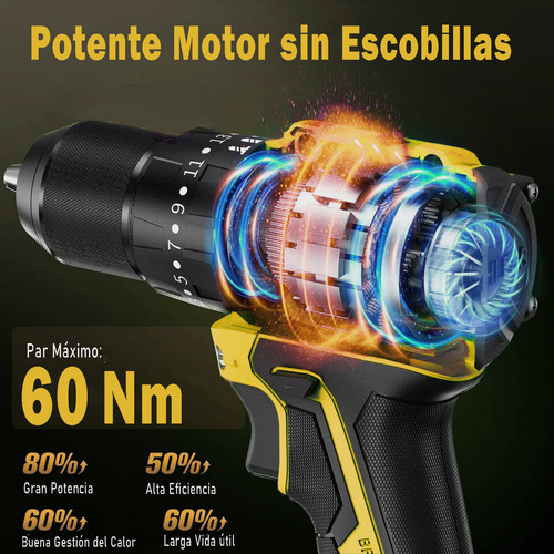 Kit Herramientas YISHAN 21V Inalámbrico con Llave de Impacto 1/2 y Taladro Atornillador 3/8 Motor Sin Escobillas 3 Baterías LED Percutor Reversa Brocas y Accesorios Bolsa Incluida