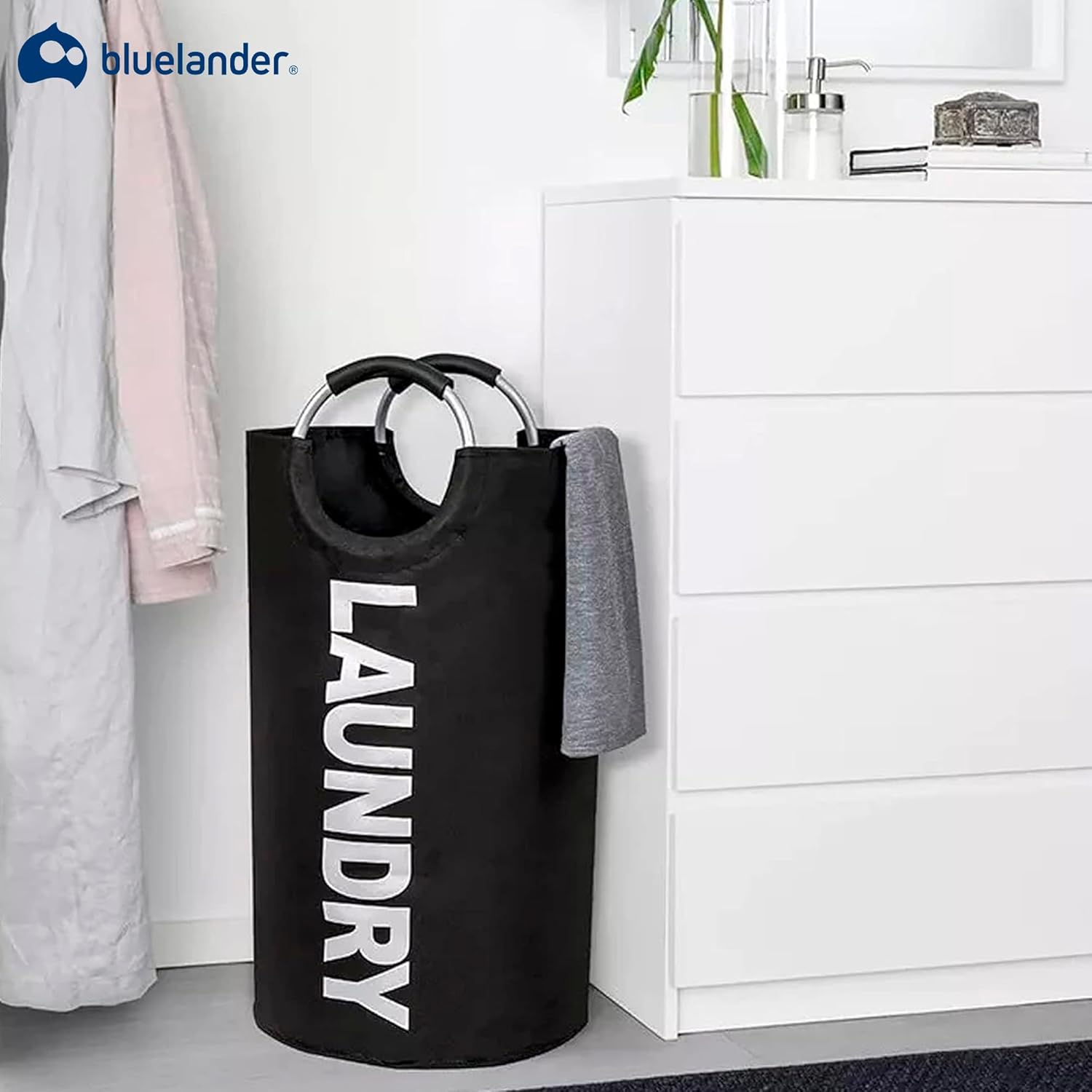 Cesto Plegable para Ropa, 73 x 38 cm, con Asas de Aluminio, Negro, Bluelander 