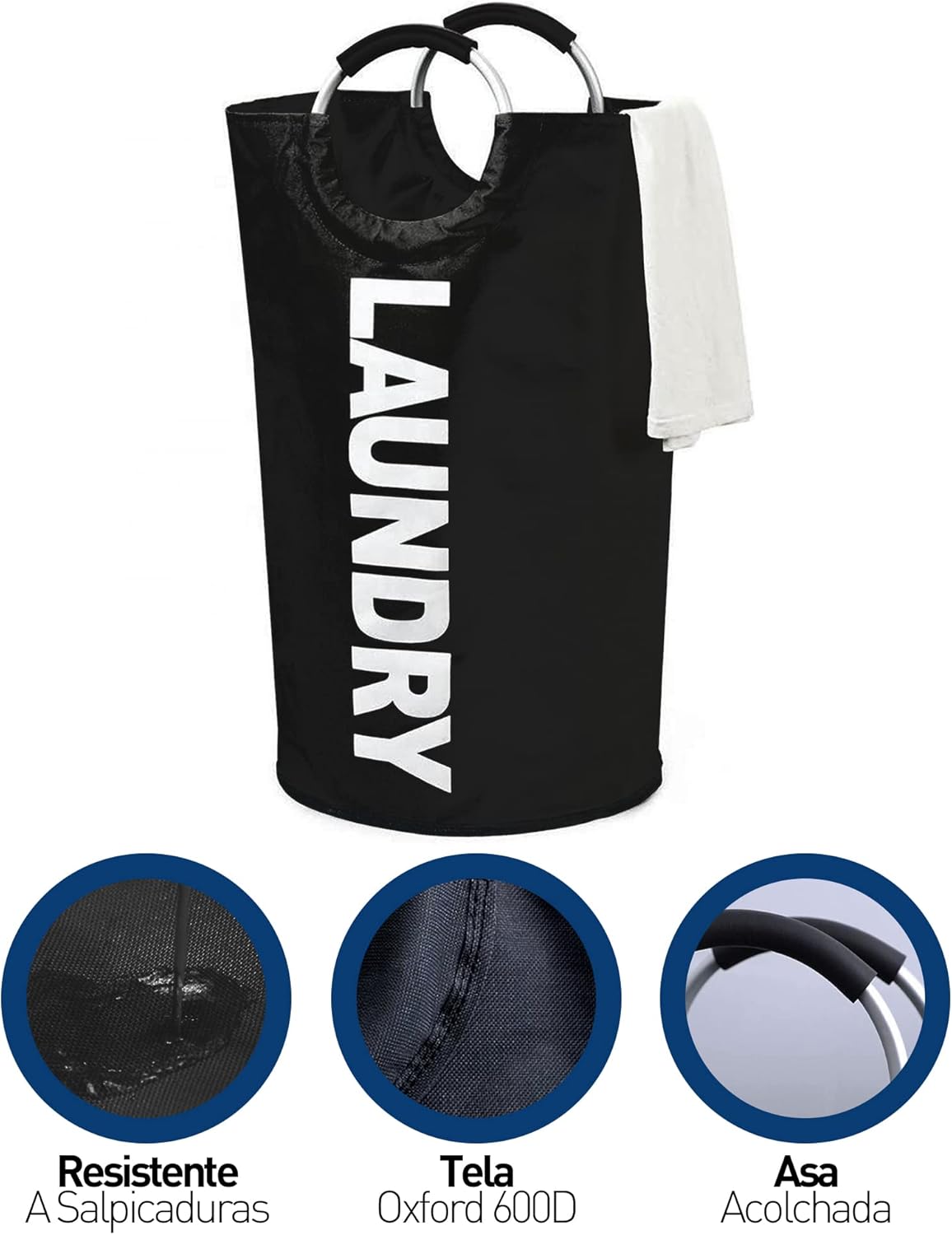 Cesto Plegable para Ropa, 73 x 38 cm, con Asas de Aluminio, Negro, Bluelander 