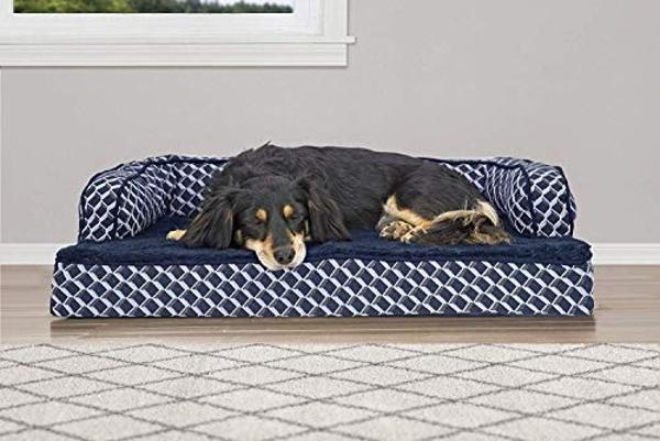 Furhaven Orthopedic Dog Bed for Medium/Small Dogs w/ Removable Bolsters & Washable Cover, For Dogs Up to 35 lbs - Plush & Woven Decor Comfy Couch Sofa - Diamond Blue, Medium
