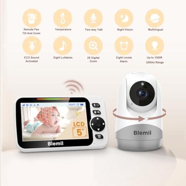 iFamily Baby Monitor with 2 Cameras | Remote Pan-Tilt-Zoom Video Baby Monitor with Camera and Audio, 5” Large Display, Night Vision, Temperature Display, Lullaby, 2 Way Audio & 960