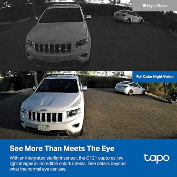 Tapo by TP-Link 2K QHD Security Camera Indoor/Outdoor, Color Night Vision, Free Person/Pet/Vehicle Detection, Baby Monitor, Local/Cloud Storage, IP66, Dual-Spotlight, Black(C121)