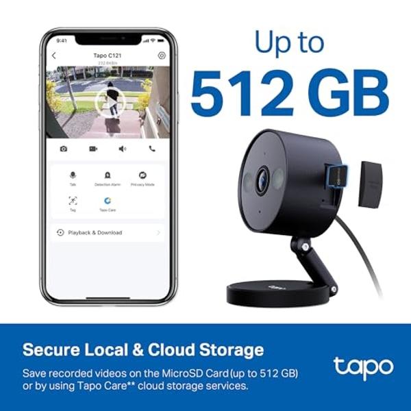 Tapo by TP-Link 2K QHD Security Camera Indoor/Outdoor, Color Night Vision, Free Person/Pet/Vehicle Detection, Baby Monitor, Local/Cloud Storage, IP66, Dual-Spotlight, Black(C121)