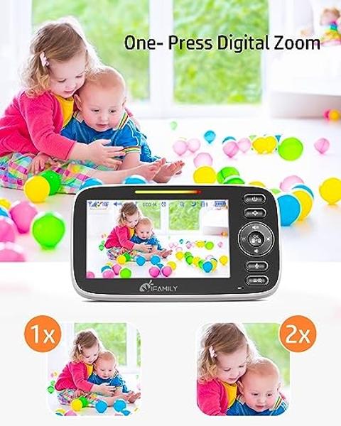 iFamily Split Screen Baby Monitor, Large Display Video Baby Monitor with 2 Cameras and Audio, Long Range, Remote pan tilt, Night Vision, Temperature Sensor, 2 Way Talk, Feeding Clo