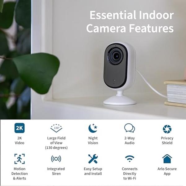 Arlo Essential Security Camera 2K | Indoor Only| 2nd Gen | Baby Monitor & Pet Camera | Wired Automated Privacy Shield, 2-Way Audio, Night Vision, Live Stream, Motion Alerts & Notif