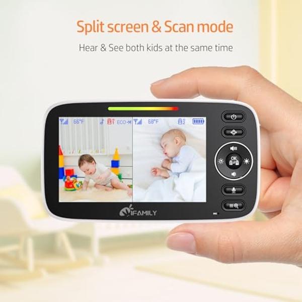 iFamily Split Screen Baby Monitor, Large Display Video Baby Monitor with 2 Cameras and Audio, Long Range, Remote pan tilt, Night Vision, Temperature Sensor, 2 Way Talk, Feeding Clo