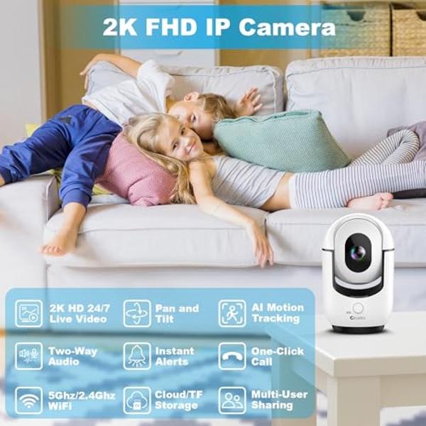 Cloarks 2K Indoor Camera, 5/2.4 GHz WiFi Pan/Tilt Security Camera with AI Motion Detection, One-Click Call for Baby Monitor, Wired Pet Camera with 2-Way Audio, 24/7, Siren Alarm, T