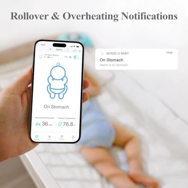 Sense-U Pro Baby Movement Monitor with Arousal Vibration, Movement/Rollover/Overheating Alerts, Audible & App Notifications, Easy Clip-On Design, Smart Sleep Monitor, FSA/HSA Eligi