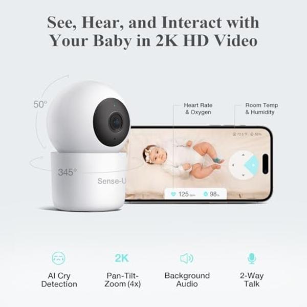 Sense-U Baby Sock Shoe Bundle Smart Baby Monitor: Sock Shoe Plus 2K PTZ Camera - Track Heart Rate, Oxygen, Sleep Movement, Heartbeat, Pan-Tilt-Zoom Video, AI Cry Detection, Audio, 