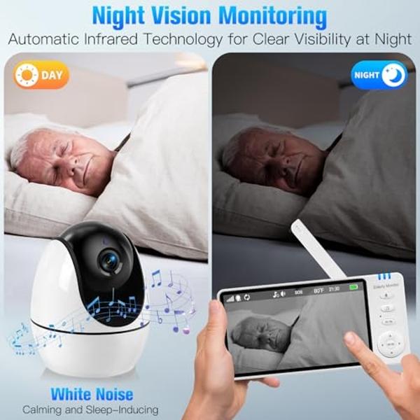 Elderly Monitor with Camera and Audio, 2-Way Talk Room Monitors for Elderly, Call Button, Med Reminder, Temp Monitoring, Night Vision, Pan-Tilt-Zoom Video Monitor for Elderly Care 