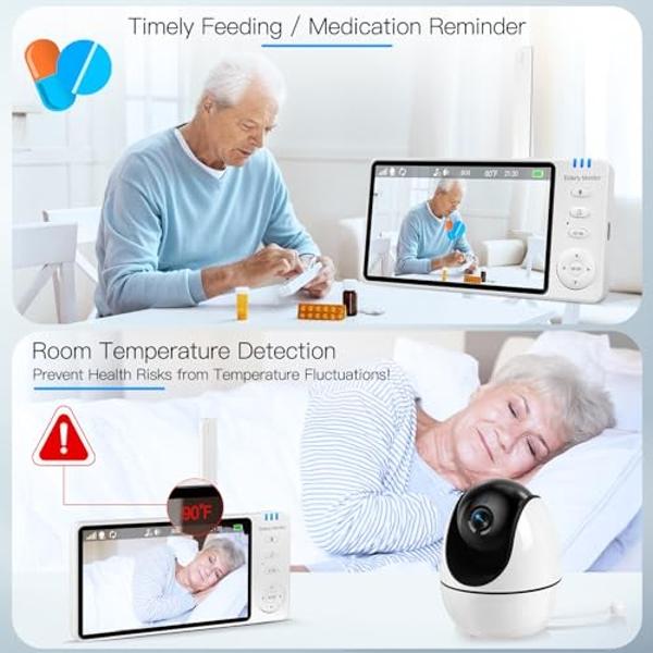 Elderly Monitor with Camera and Audio, 2-Way Talk Room Monitors for Elderly, Call Button, Med Reminder, Temp Monitoring, Night Vision, Pan-Tilt-Zoom Video Monitor for Elderly Care 