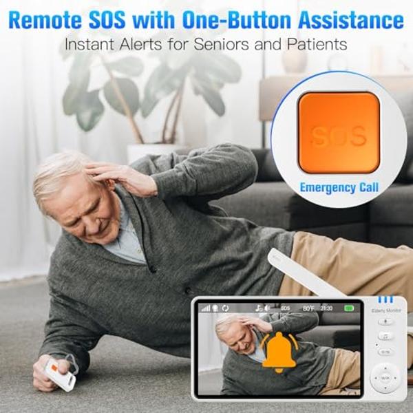 Elderly Monitor with Camera and Audio, 2-Way Talk Room Monitors for Elderly, Call Button, Med Reminder, Temp Monitoring, Night Vision, Pan-Tilt-Zoom Video Monitor for Elderly Care 