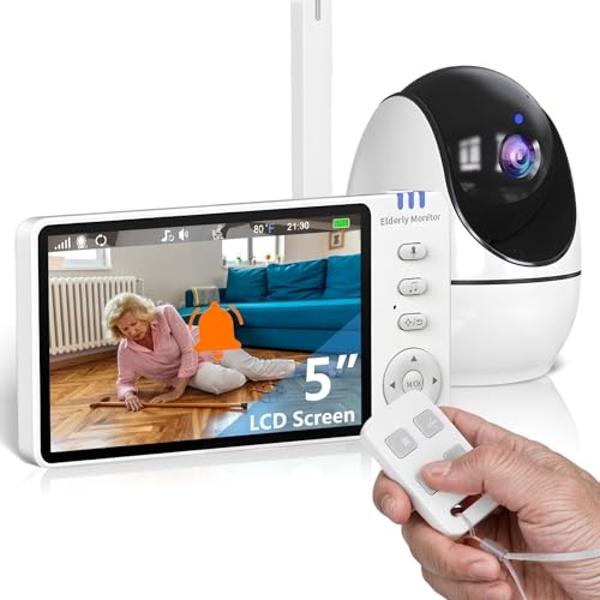 Elderly Monitor with Camera and Audio, 2-Way Talk Room Monitors for Elderly, Call Button, Med Reminder, Temp Monitoring, Night Vision, Pan-Tilt-Zoom Video Monitor for Elderly Care 