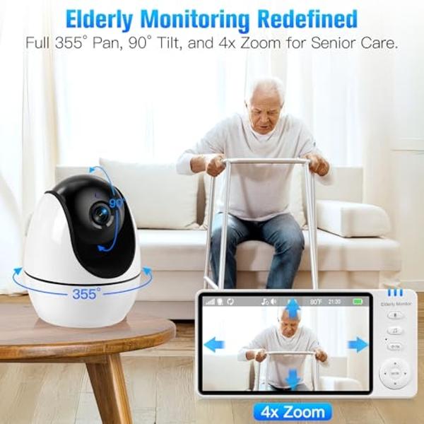 Elderly Monitor with Camera and Audio, 2-Way Talk Room Monitors for Elderly, Call Button, Med Reminder, Temp Monitoring, Night Vision, Pan-Tilt-Zoom Video Monitor for Elderly Care 