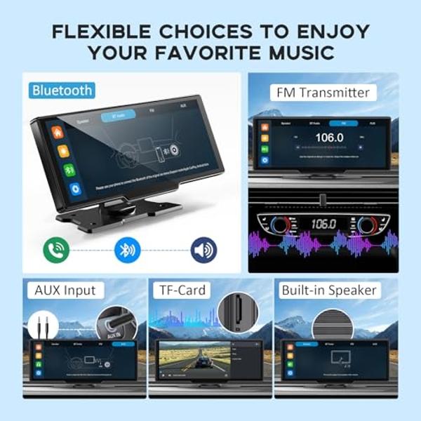 Wireless Carplay Screen for Car, 10.26" HD Carplay and Android Auto Touch Screen, Portable Car Tablet with 4K Dash Cam, Audio Receivers with Backup Camera, GPS Navigation, Voice Co