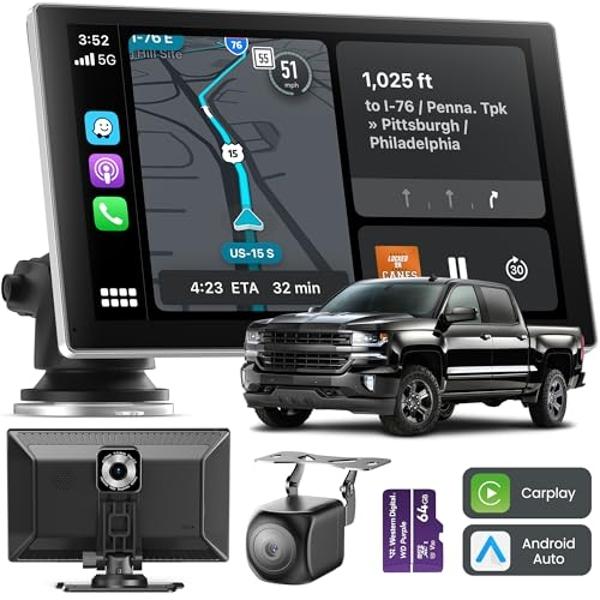 Jzones Carplay Screen for Car, 9" Portable Wireless Carplay&Android Auto, 4K Dash Cam,1080P Backup Camera, Car Stereo Audio Receivers for Car, GPS Navigation Mirror Link, Bluetooth