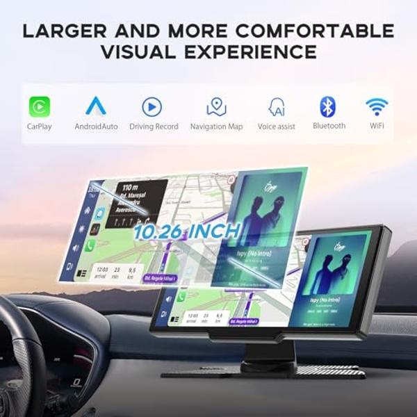 Wireless Carplay Screen for Car, 10.26" HD Carplay and Android Auto Touch Screen, Portable Car Tablet with 4K Dash Cam, Audio Receivers with Backup Camera, GPS Navigation, Voice Co