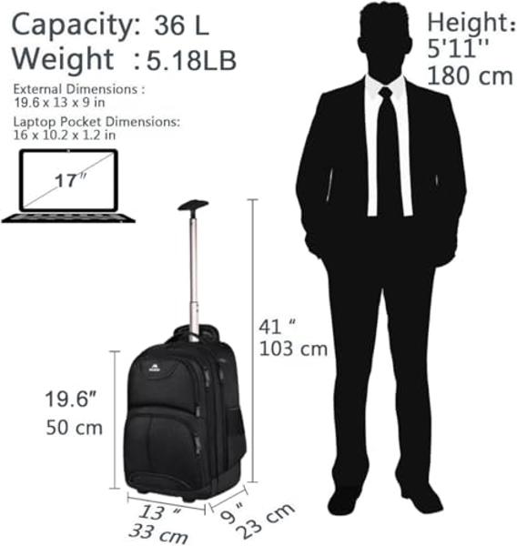 MATEIN Rolling Backpack, 17 inch Water Resistant Wheeled Laptop Backpack, Carry on Luggage Business Bag, Overnight College Computer Bag Trolley Suitcase for Men Women Adults to Tra