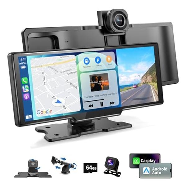 10.26" HD Wireless Car Stereo for Carplay & Android Auto, Portable Touch Screen for Car, 4K Dash Cam, 1080P Backup Camera, Bluetooth, AUX/FM, Googel, Siri, Mirror Link, GPS Navigat