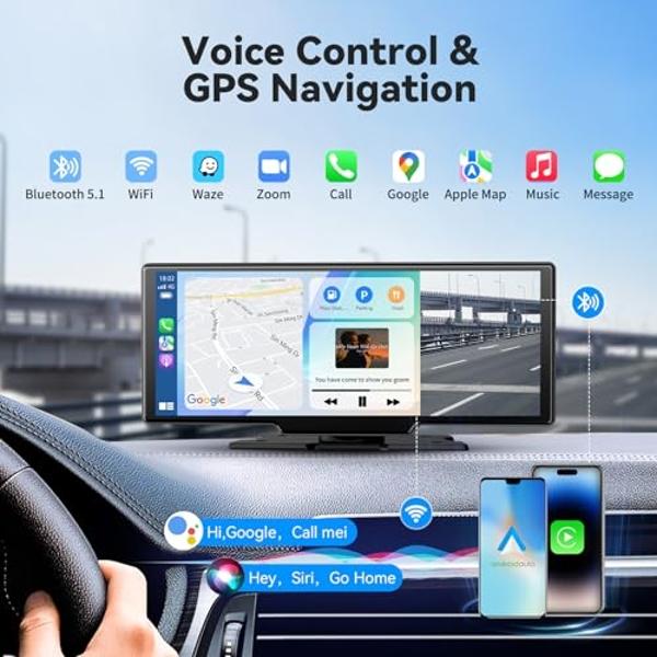10.26" HD Wireless Car Stereo for Carplay & Android Auto, Portable Touch Screen for Car, 4K Dash Cam, 1080P Backup Camera, Bluetooth, AUX/FM, Googel, Siri, Mirror Link, GPS Navigat
