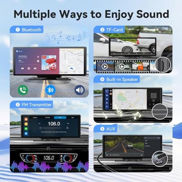 10.26" HD Wireless Car Stereo for Carplay & Android Auto, Portable Touch Screen for Car, 4K Dash Cam, 1080P Backup Camera, Bluetooth, AUX/FM, Googel, Siri, Mirror Link, GPS Navigat