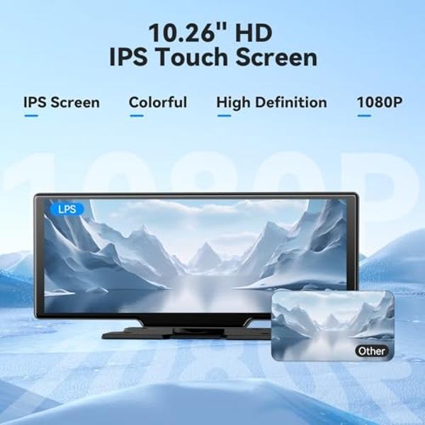 10.26" HD Wireless Car Stereo for Carplay & Android Auto, Portable Touch Screen for Car, 4K Dash Cam, 1080P Backup Camera, Bluetooth, AUX/FM, Googel, Siri, Mirror Link, GPS Navigat