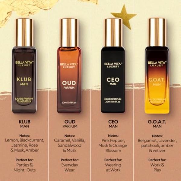 BellaVita Luxury Perfume for Men Gift Set (4 x 20ml) | Gifts for Men | Fragrance Includes KLUB, OUD, CEO, GOAT Perfumes | Masculine, Woody, Citrusy, and Aromatic perfumes Fragrance