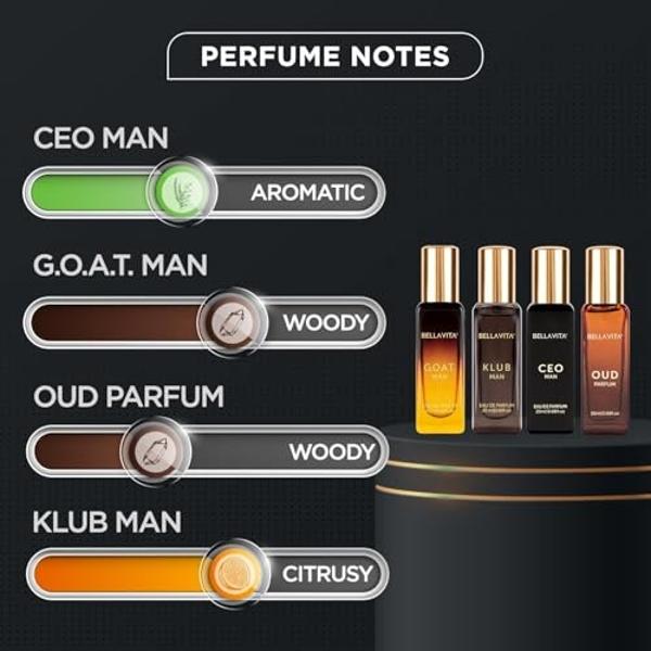 BellaVita Luxury Perfume for Men Gift Set (4 x 20ml) | Gifts for Men | Fragrance Includes KLUB, OUD, CEO, GOAT Perfumes | Masculine, Woody, Citrusy, and Aromatic perfumes Fragrance