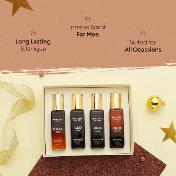 BellaVita Luxury Perfume for Men Gift Set (4 x 20ml) | Gifts for Men | Fragrance Includes KLUB, OUD, CEO, GOAT Perfumes | Masculine, Woody, Citrusy, and Aromatic perfumes Fragrance